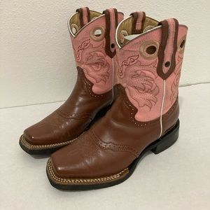 Western Cowboy Square Toe Pull On Pink And Brown Boots Youth Kids Size 21.5
